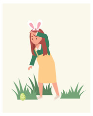 Happy Easter Day. Little girl with bunny ears is finding ,hunting an easter egg. Flat style vector illustration.