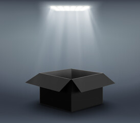 Vector open black cardboard box illuminated by a spotlight.