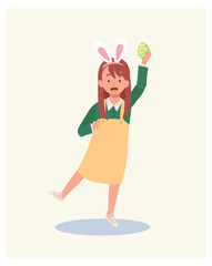 Happy Easter Day. Little girl with bunny ears is happy to found an Easter egg. Flat style vector illustration.