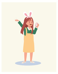 Happy Easter Day. Little girl with bunny ears is happy to found an Easter egg. Flat style vector illustration.