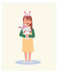 Happy Easter Day. Little girl with bunny ears is holding hugging an adorable bunny. Flat style vector illustration.
