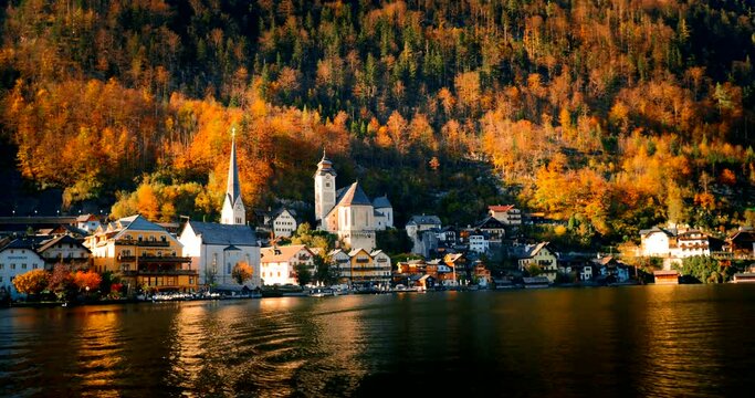 Scenic autumn view of the famous mountain village Hallstatt in the Salzkammergut region, O&Ouml;, Austria, seen from Lake Hallstatt