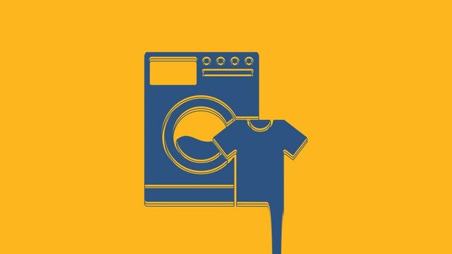 Blue Washer and t-shirt icon isolated on orange background. Washing machine icon. Clothes washer, laundry machine. Home appliance symbol. 4K Video motion graphic animation