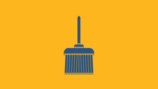 Blue Handle broom icon isolated on orange background. Cleaning service concept. 4K Video motion graphic animation