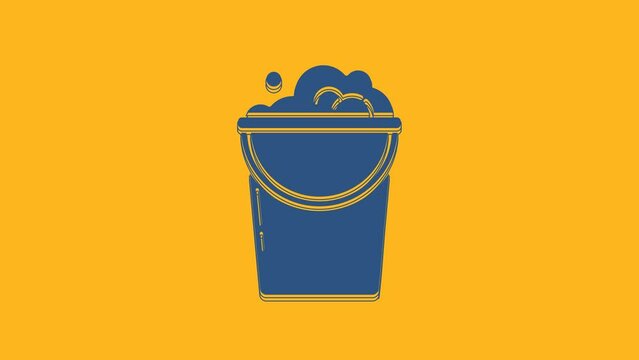 Blue Bucket with foam and bubbles icon isolated on orange background. Cleaning service concept. 4K Video motion graphic animation