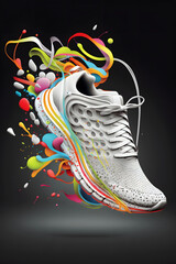 White colorful sports sneakers with flying shoe abstract painting shapes white pastel background