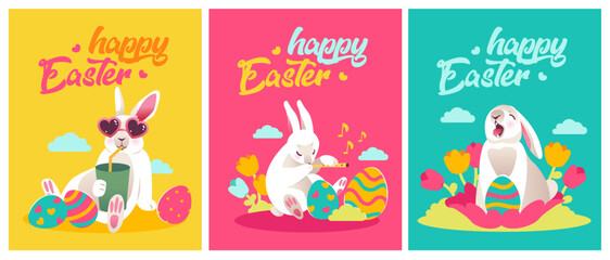Happy easter, vector greeting cards with cute bunnies, easter eggs and flowers.