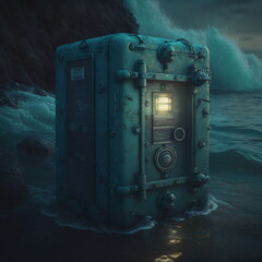 A secret locked entrance to a shelter next to the ocean with waves. AI Generated