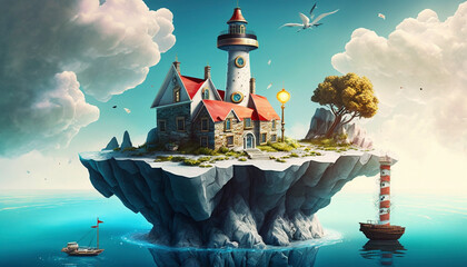 A Cliff-Hanging Floating Island with a Swimming Pool and Tropical Atmosphere - Generative Ai