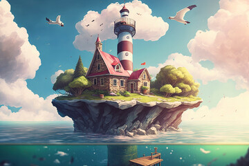 A Colorful, Cheerful and Exotic Floating Island with a Modern Manor and Stylized Lighthouse - Generative Ai