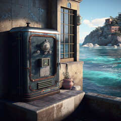 An old radio by the side of a building next to a blue ocean. AI Generated