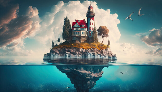 A Cliff-Hanging Floating Island with a Swimming Pool and Tropical Atmosphere - Generative Ai