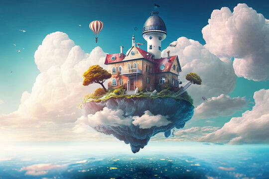 A Colorful, Cheerful and Exotic Floating Island with a Modern Manor and Stylized Lighthouse - Generative Ai