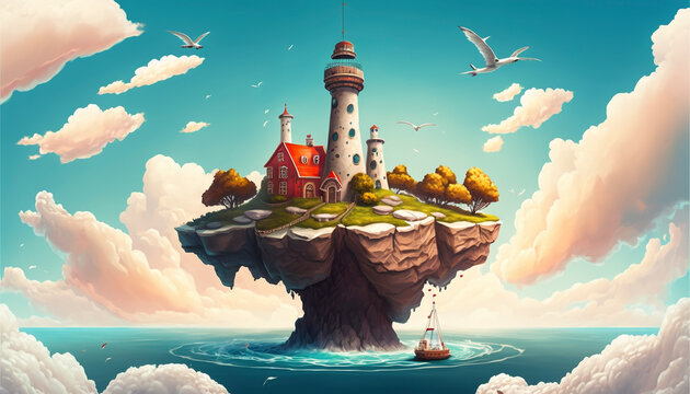 A Colorful, Cheerful and Exotic Floating Island with a Modern Manor and Stylized Lighthouse - Generative Ai