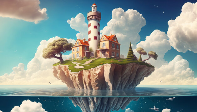 A Colorful, Cheerful and Exotic Floating Island with a Modern Manor and Stylized Lighthouse - Generative Ai