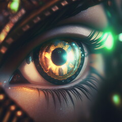 Detailed close up of yellow star human eye in fantasy style. AI Generated