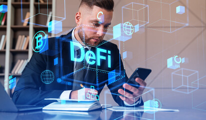Man with smartphone in office, decentralized finance interface