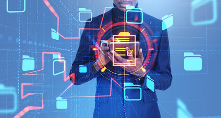 Man with tablet, document management system interface