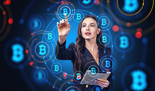 Woman with tablet, cryptocurrency interface