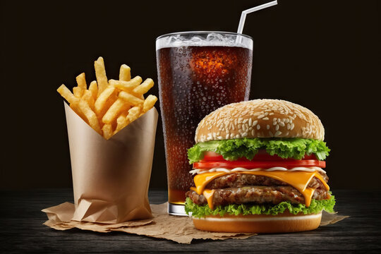 Burger, french fries, cola drink on black background. Takeaway food. Fast food. Based on Generative AI