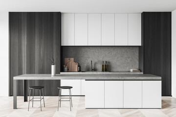 White and wooden kitchen interior with bar