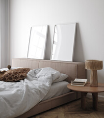 Mockup frame in bedroom interior background, Scandinavian style, 3d render