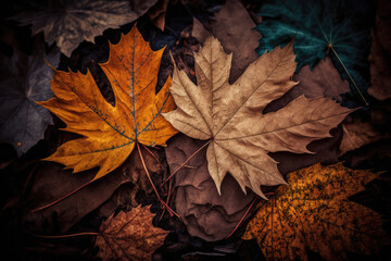 Autumn maple leaves laying on the forest ground