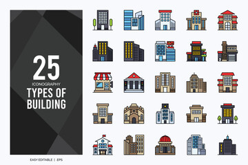 25 Types of Building Lineal Color icon pack. vector illustration.
