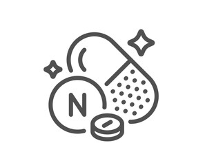 Vitamin N line icon. Lipoic acid food nutrient sign. Capsule or pill supplement symbol. Quality design element. Linear style vitamin N icon. Editable stroke. Vector