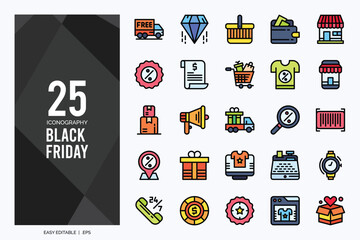 25 Black Friday Lineal Color icon pack. vector illustration.