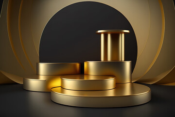 Realistic 3D cylinder with a luxury and golden podium for product display. Generative AI