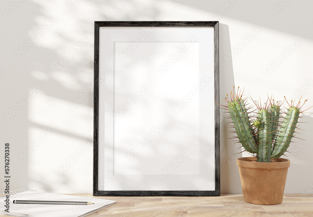 Poster black frame leaning on white shelve in bright interior with plants mockup 3d rendering
