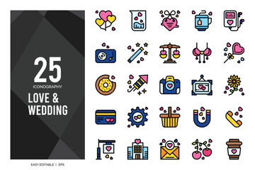 25 Love And Wedding Lineal Color icon pack. vector illustration.