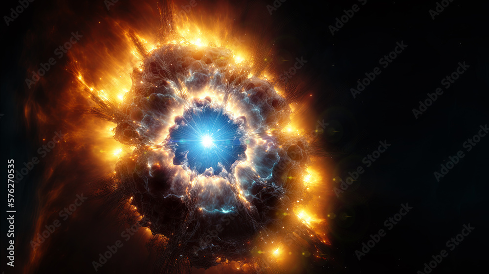 Poster View of the birth of a star in space during a nebula explosion. Nuclear fusion of cosmic clouds of gas and dusts. Universe background. Generative ai