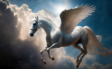 Obraz na płótnie Canvas pegasus, a mythological animal, a horse with wings, gallops against the sky, generative ai