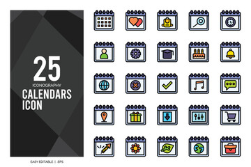 25 Calendars Lineal Color icon pack. vector illustration.