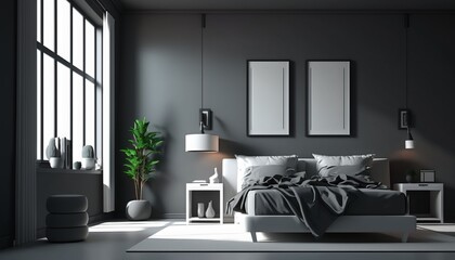 Mock up of a modern minimalistic luxury bedroom with a double bed with a comforter and pillows, a mirror, and decorations. idea for an interior design concept.