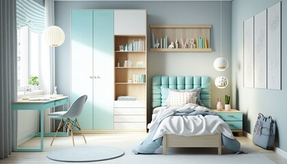 Interior mock up of a children's boys bedroom in a minimalistic design with a wooden bed and soft blue hues
