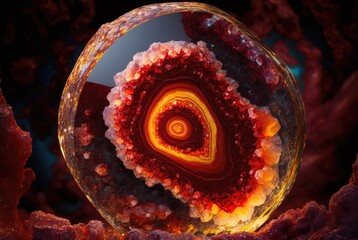 Shiny polished intense red ruby crystal ball with spiral marble pattern inside geode rock, lustrous and vibrant color - Generative AI.