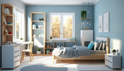 Interior mock up of a children's boys bedroom in a minimalistic design with a wooden bed and soft blue hues