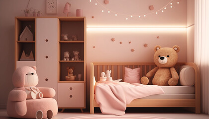 Mock up, children's bedroom room, interior classic style. Pink kids bedroom for girl.  on wall background. 3d rendering illustration.