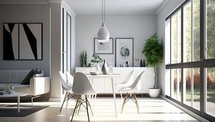 Interior of a light Dining room room modern minimalist architecture. Ultra modern. Contemporary dining area.