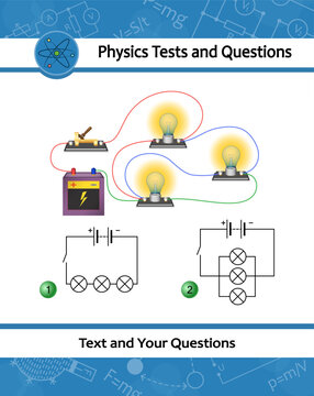Physical experiment of studying laws of electricity. Ohm's law diagram. Electric current voltage resistance in an circuit. Parallel circuit consisting of connected lightbulbs, battery and switch.