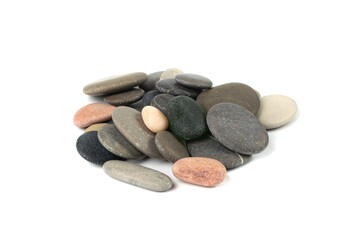 Fototapeta na wymiar Sea Pebbles Isolated, Flat Round Stones, Gray Circle Rock Pieces, Sea Pebbles Pile on White Background