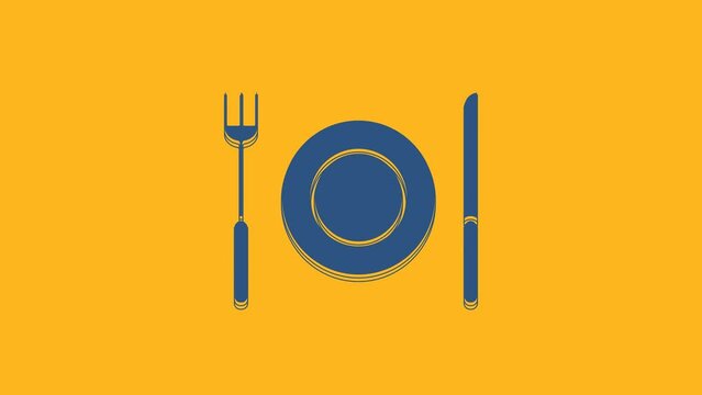 Blue Plate, fork and knife icon isolated on orange background. Cutlery symbol. Restaurant sign. 4K Video motion graphic animation