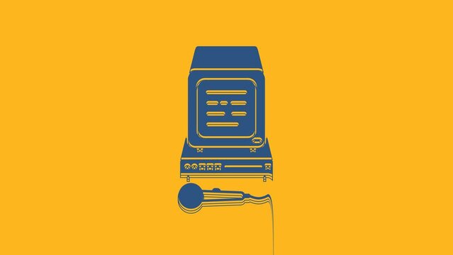 Blue Karaoke icon isolated on orange background. Microphone and monitor. 4K Video motion graphic animation