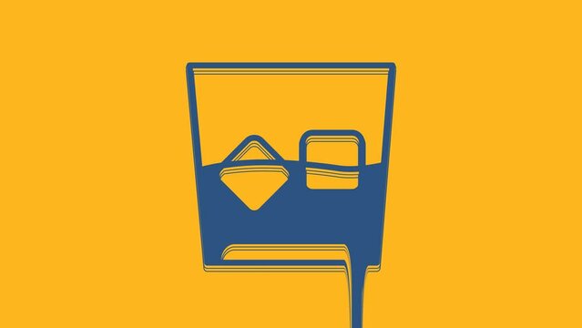 Blue Glass of whiskey and ice cubes icon isolated on orange background. 4K Video motion graphic animation