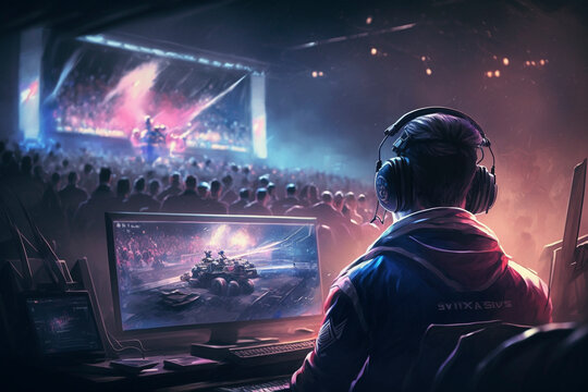 Esports Players Competing in a Vibrant Arena with Crowds Cheering Them On - Generative Ai
