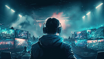 Esports Players in Action in a High-Tech Stadium Filled with Spectators - Generative Ai