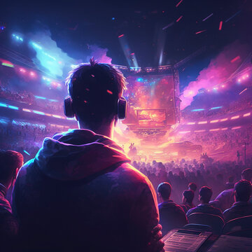 Esports Players in Action in a High-Tech Stadium Filled with Spectators - Generative Ai